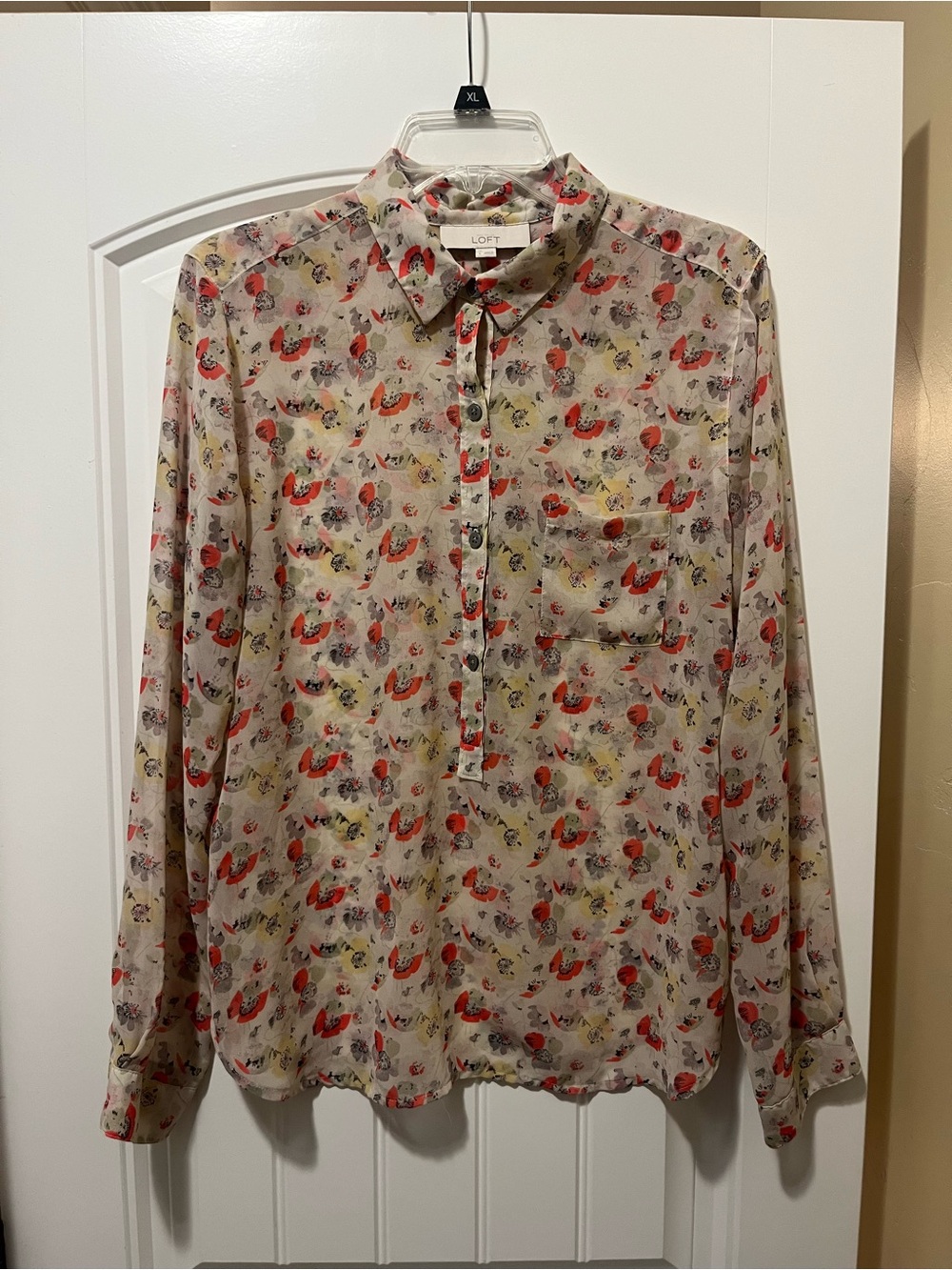 LOFT Cream Button-Down Shirt with Red Floral Print